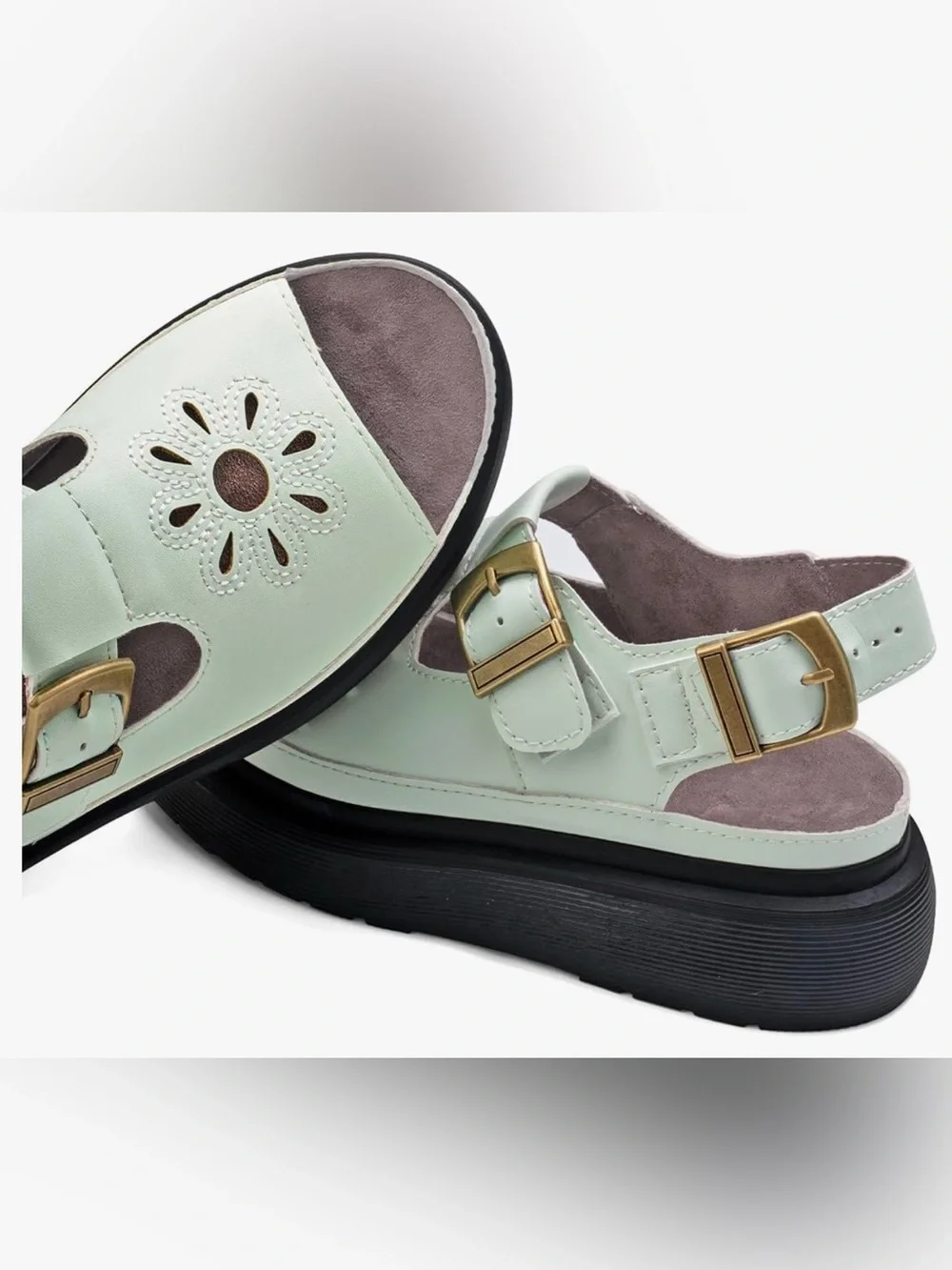 Boutique|Pastel Mint Buckle Chunky Platform Sandals,Faux leather cutout Flower•
